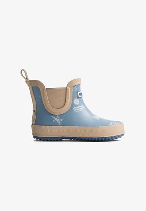 Botte de pluie enfant bleue et beige avec motifs sur le thème de la mer, languette à l'arrière et semelle texturée antidérapante.