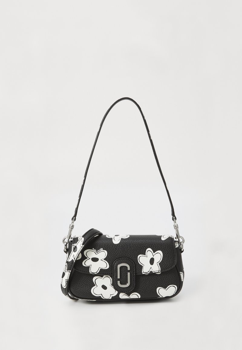 Borsa a tracolla in pelle nera con motivi floreali bianchi, dalla forma rotonda, con tracolla e chiusura in metallo argentato.