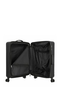Valigia rigida nera con un ampio interno, scomparti con zip e fasce elastiche per l'organizzazione. Ruote scorrevoli.