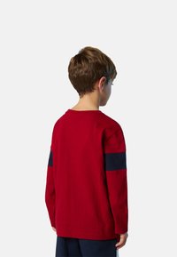 Langärmliges rotes Baumwoll-T-Shirt mit marineblauen Streifen an den Ärmeln. Einfaches Design mit rundem Halsausschnitt, von hinten gesehen.