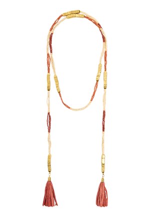 Długi naszyjnik z koralików w kolorach kremowym, rdzawego i złotym, zakończony po obu stronach chwostami w kolorze rdzawego.