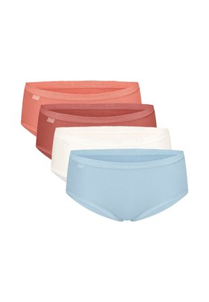 Fire damebomulds trusser i blå, hvid, mørk pink og lys koral, stablet diagonalt mod en hvid baggrund.