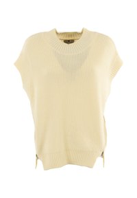 Maglione lavorato a maglia di un giallo chiaro, con scollatura rotonda, maniche corte e zip laterali. Tessuto a coste testurizzato con una vestibilità rilassata.