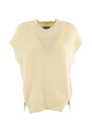 Maglione lavorato a maglia di un giallo chiaro, con scollatura rotonda, maniche corte e zip laterali. Tessuto a coste testurizzato con una vestibilità rilassata.