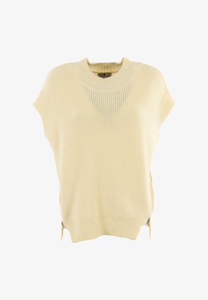 Maglione lavorato a maglia di un giallo chiaro, con scollatura rotonda, maniche corte e zip laterali. Tessuto a coste testurizzato con una vestibilità rilassata.