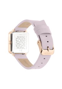 Vierkante roestvrijstalen horloge met een roségouden afwerking, lavendelkleurige echt lederen band en een gestructureerde achterkant met patroon details.