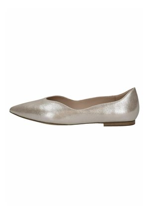 Spitz zulaufende flache Schuhe in metallischem Hellgold, aus strukturiertem Material, mit niedrigem Absatz und einem eleganten, minimalistischen Design.