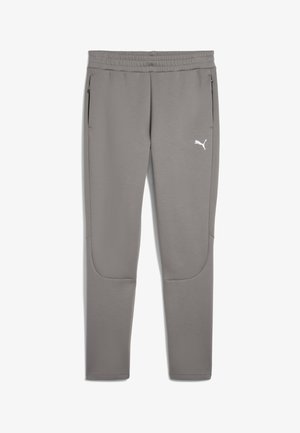 Gray athletic pants with an elastic waistband, two zippered side pockets, and a Puma logo in white. Smooth texture and tapered leg design.