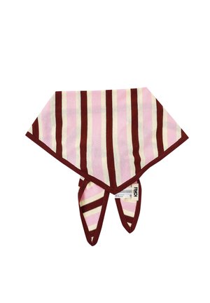 Écharpe triangulaire avec des rayures verticales roses, crème et bordeaux, bordure bordeaux, et une petite étiquette de marque blanche.