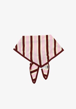 Driehoekige sjaal met verticale roze, crèmekleurige en bordeauxrode strepen, bordeauxrode randafwerking en een klein wit merklipje.