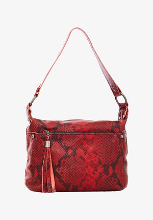 Rote Schlangenleder-Handtasche mit glatter Oberfläche, verstellbarem Tragegurt, Reißverschluss und einer Quastendetail an der Vorderseite.