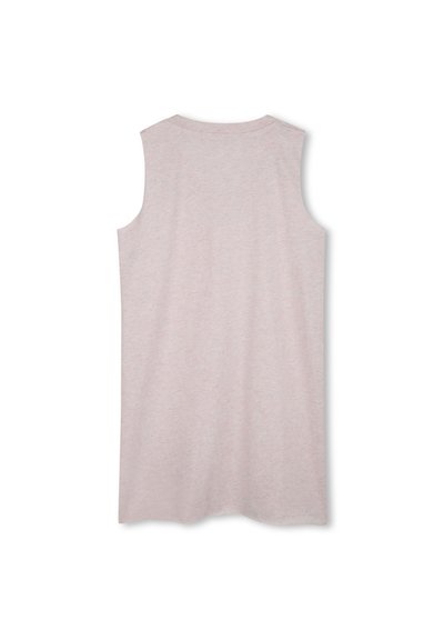 Haut sans manches rose clair en tissu doux et texturé, avec un col rond et une coupe ample et décontractée. Vue arrière affichée.