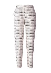 Witte broek met een blauw golvenpatroon, voorzien van een elastische tailleband en zijzakken. De stof heeft een gladde textuur en een slim fit.