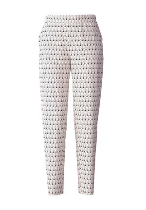 Witte broek met een blauw golvenpatroon, voorzien van een elastische tailleband en zijzakken. De stof heeft een gladde textuur en een slim fit.