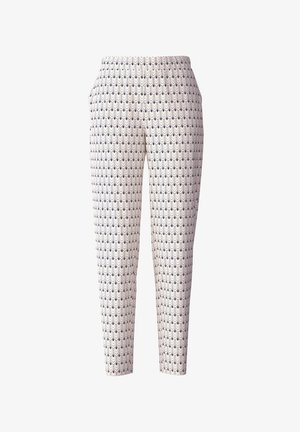 Witte broek met een blauw golvenpatroon, voorzien van een elastische tailleband en zijzakken. De stof heeft een gladde textuur en een slim fit.