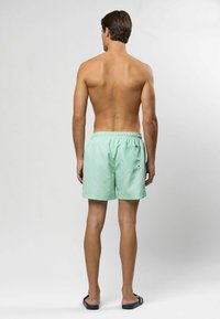 Menta zöld fürdőshorts, gumis derékkal, hátsó zsebbel, látható minták vagy fémrészek nélkül. Hátulról viselt.