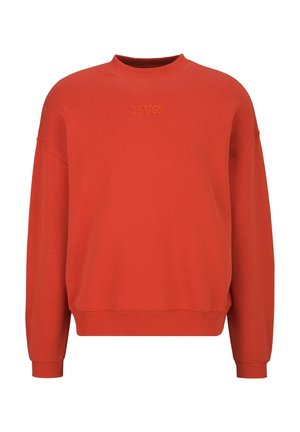Effen rood sweatshirt met lange mouwen, geribde boorden en zoom, met kleine reliëftekst "19V69" gecentreerd onder de halslijn.