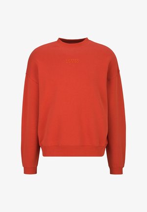Effen rood sweatshirt met lange mouwen, geribde boorden en zoom, met kleine reliëftekst "19V69" gecentreerd onder de halslijn.