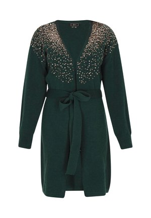 Tummanvihreä neuletakki, jossa on syvä V-pääntie, koristeltu metallinhohtoisilla helmiä olkapäillä, ja siinä on solmittava vyö sekä ribattu hihansuu.