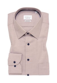 Camicia a quadri rossi e bianchi con taglio moderno, colletto con bottoni, bottoni blu navy e un solo polsino. Etichetta ETERNA all'interno.