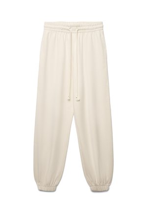Pantaloni jogger color crema realizzati in tessuto morbido, con vita elastica e coulisse, e polsini stretti.