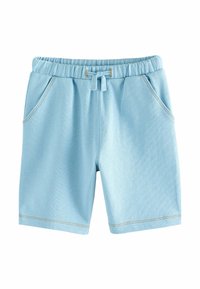 Shorts bleu clair en tissu doux, dotés d'une taille élastique, d'un cordon de serrage et de deux poches avant avec des coutures contrastantes.