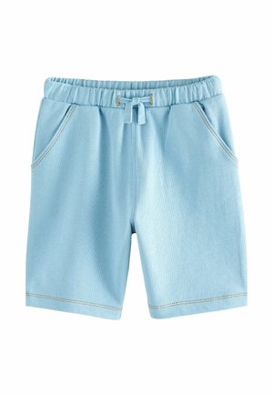 Pantaloni corti azzurri chiari realizzati in morbido tessuto, con cinturino elastico, cordoncino e due tasche anteriori con cuciture a contrasto.