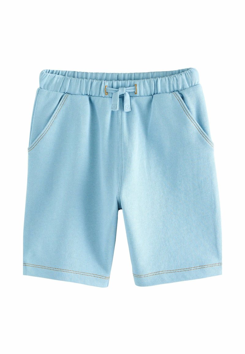 Shorts bleu clair en tissu doux, dotés d'une taille élastique, d'un cordon de serrage et de deux poches avant avec des coutures contrastantes.