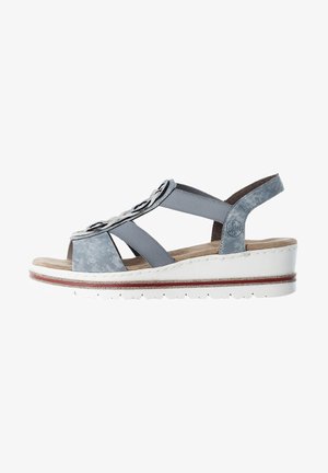 Gray wedge sandals featuring cross straps, a metallic accent, and a textured finish. Light-colored sole with subtle red stripe detail.