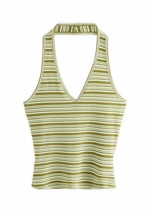 Zelený a krémový pruhovaný žebrovaný top s hlubokým výstřihem do V a halter krkem. Měkká textura a přiléhavý silueta.