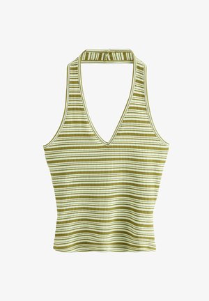 Top de tirantes acanalado en rayas verde y crema con un escote en V profundo y diseño de cuello halter. Textura suave y silueta ajustada.