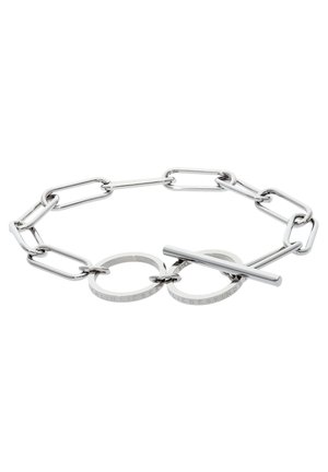 Silberne Gliederarmband mit länglichen Gliedern, runden Akzenten und einem Toggle-Verschluss, mit gravierten Details auf den Ringen.