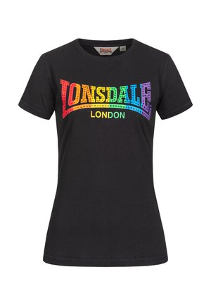 Czarny dopasowany T-shirt z krótkim rękawem z tęczowym napisem "LONSDALE" i "LONDON" zdobionym małymi ćwiekami na przodzie.