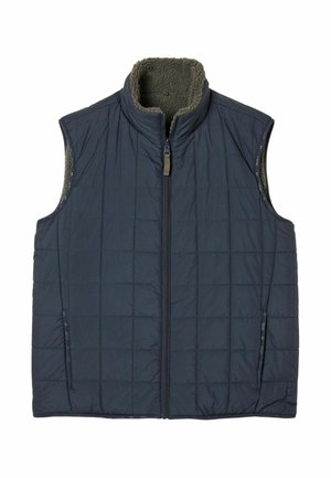Herren ärmellose Weste, dunkelmarine, gestepptes Design, mit einem plüschigen, olivgrünen Fleece-Futter und einem Reißverschluss auf der Vorderseite. Einfache, funktionale Taschen.