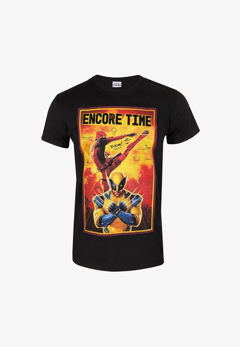 Černé bavlněné tričko s grafickým potiskem, na kterém je superhrdina, žluté a červené akcenty a text "ENCORE TIME" tučně.