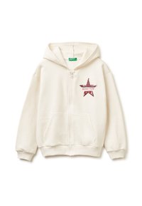 Crèmekleurige zip-up hoodie van katoen. Voorzien van een voorzak, ribgebreide manchetten en een sterdesign met "BENETTON" in bordeauxrode pailletten.