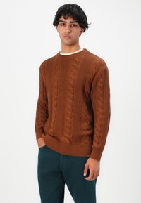 Giovane uomo che indossa un maglione a treccia di colore ruggine e pantaloni verde scuro, in piedi contro uno sfondo bianco semplice con una mano in tasca.