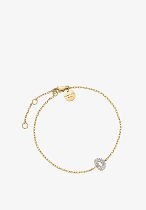 Pulsera de cadena de oro con un brillante detalle plateado en forma ovalada, asegurada con un broche de langosta y una placa grabada.