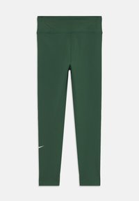 Tumed rohelised legginsid kõrge vöökohtaga, valmistatud venivast materjalist. Vasakul alajala kohal on valge Nike logo. Õmblusteta disain.