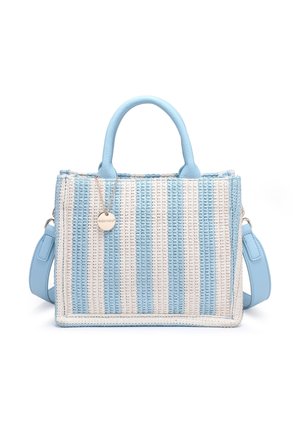Geweven handtas met verticale blauw-witte strepen, lichtblauwe leren handvatten, afneembare schouderband en ronde metalen merkembleem.