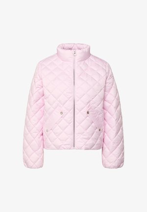 Hellrosa gesteppte Jacke mit Frontreißverschluss, Stehkragen, langen Ärmeln und zwei Klapptaschen mit Druckknopf.