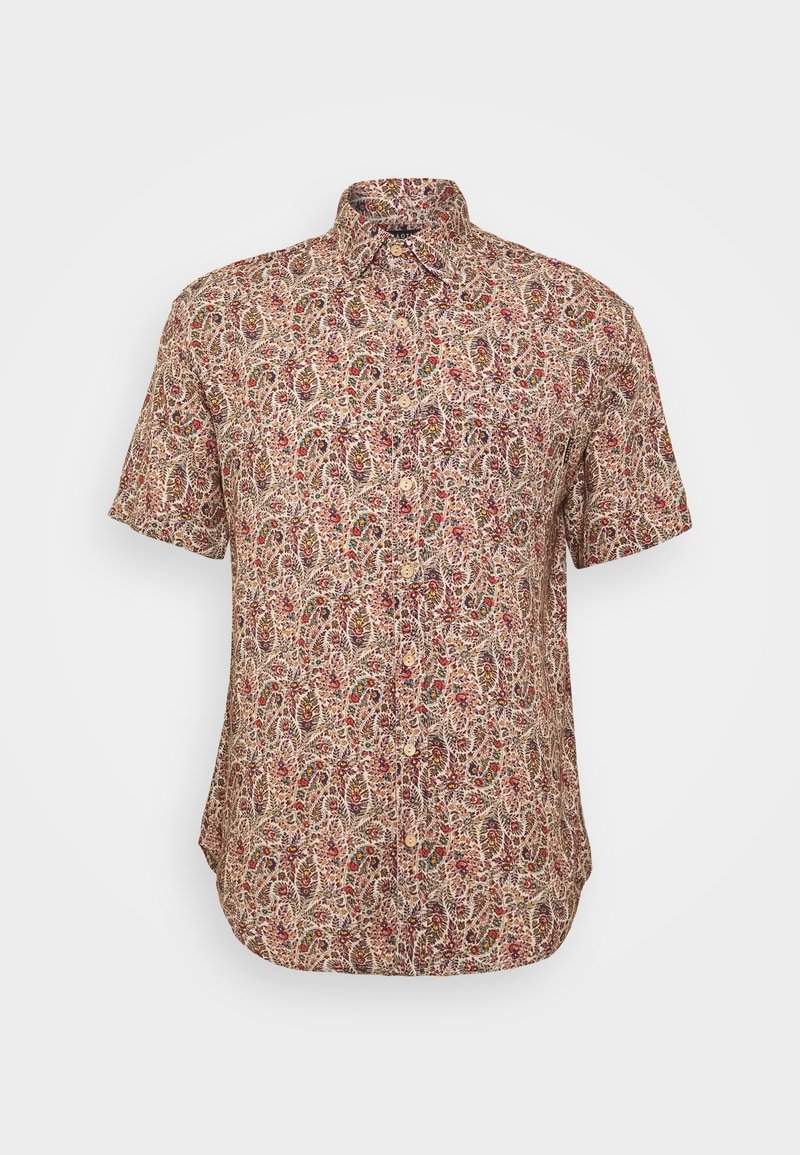Chemise à manches courtes, boutonnée, de base beige avec un motif dense floral et feuillu aux tons rouges, bruns et verts.