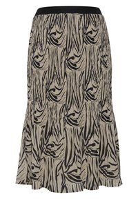 Pielikta svārku, kas izceļas ar melnbaltu zebru svītru rakstu, ar ribotu melnu jostas daļu un izplešamu apakšmalu. Tekstūrēta auduma.