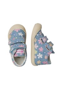 Blue denim shoes with a floral pattern in pink, white, and yellow. Features two Velcro straps and a rubber sole.