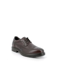 Scarpa da dress in pelle marrone con dettagli perforati, punta rotonda e lacci. Suola monocolore con leggera scolpitura per una buona aderenza.