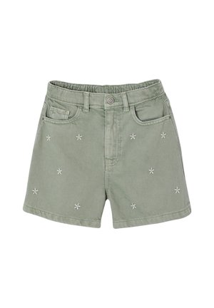 Hellgrüne Kleinkinder-Shorts mit elastischem Bund, Knopfverschluss, zwei Fronttaschen und kleinen weißen, gestickten Blumenakzenten.