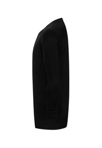 Schwarzes Langarmshirt aus glattem Stoff, mit Rundhalsausschnitt und eng anliegenden Ärmeln, das ein einfaches, schlankes Design zeigt.