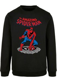 Felpa nera con un'immagine di Spider-Man in rosso e blu, con la scritta "l'AMAZING SPIDER-MAN" in grassetto rosso e blu sopra il design.