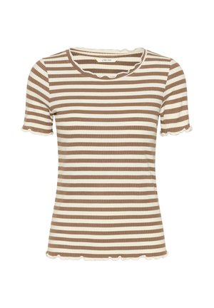 Barna és krémszínű csíkos rövid ujjú felső bordás textúrával, hullámos nyakkivágással és szegéllyel.