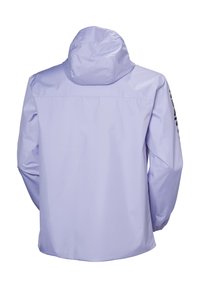 Light purple waterproof jacket with a hood, elastic cuffs, and a printed logo detail on the left sleeve. Smooth, reflective texture.